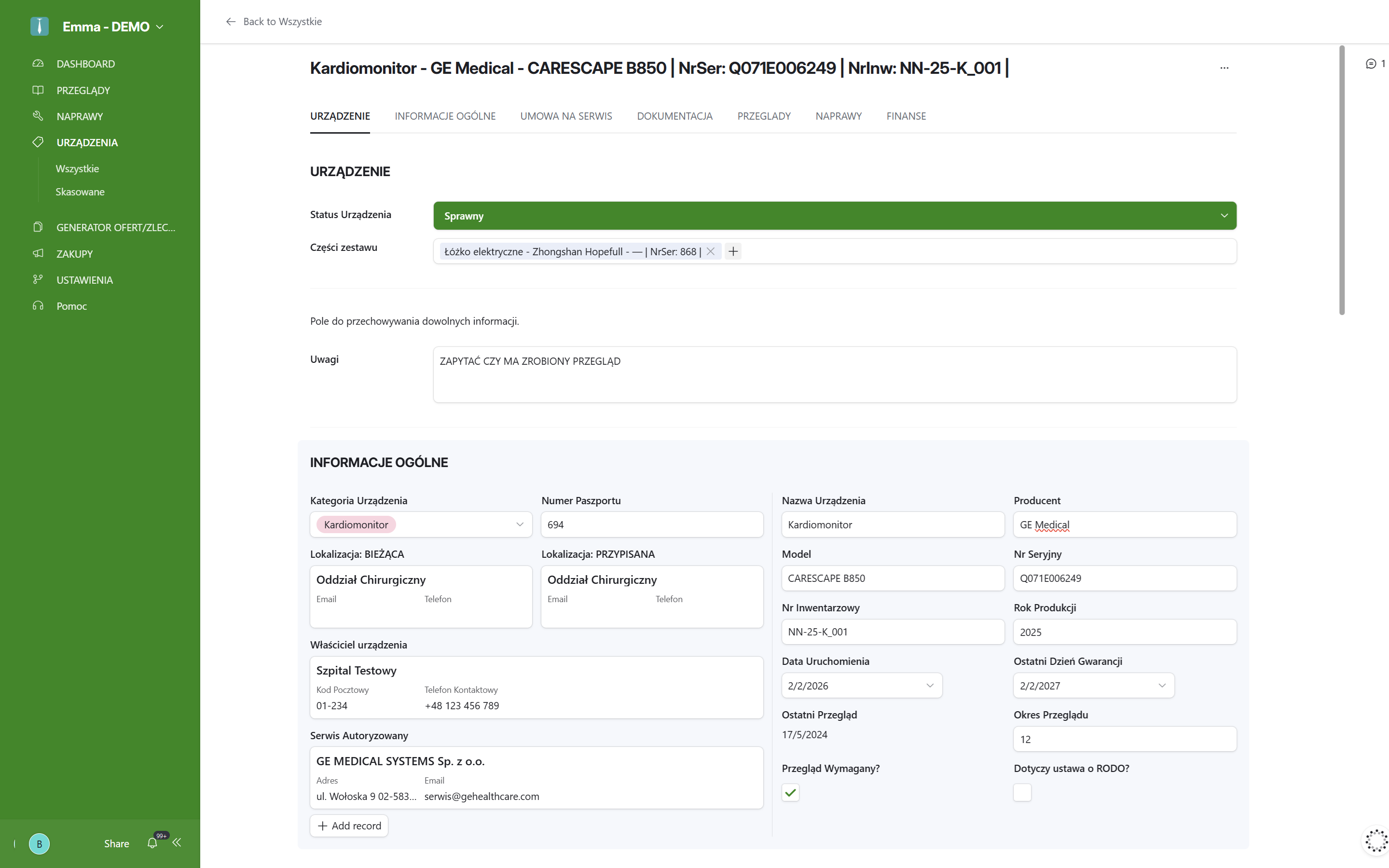 Karta urządzenia w systemie Emma